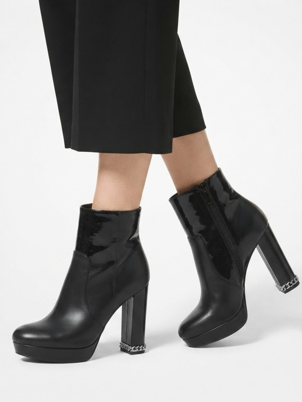 Michael Kors Black Platform Ankle Boots with Chain Accent